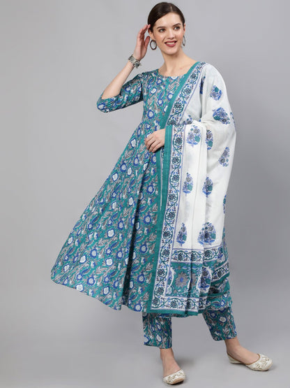 Women Blue Printed Flared Kurta With Plazo & Dupatta