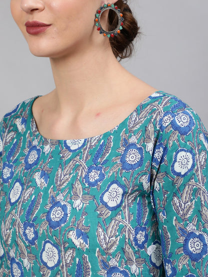 Women Blue Printed Flared Kurta With Plazo & Dupatta