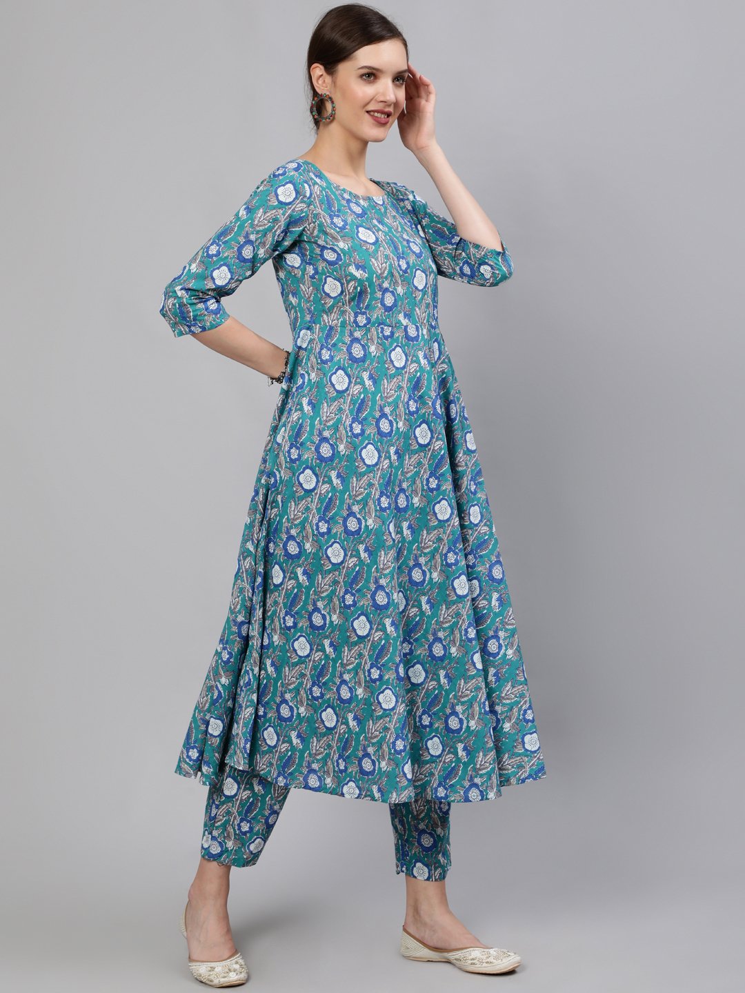 Women Blue Printed Flared Kurta With Plazo & Dupatta