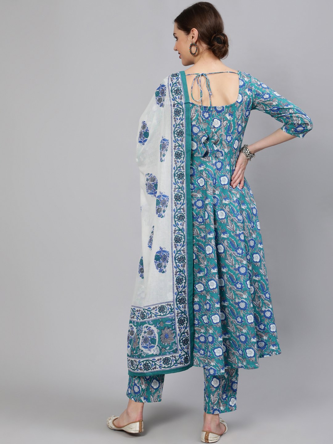 Women Blue Printed Flared Kurta With Plazo & Dupatta