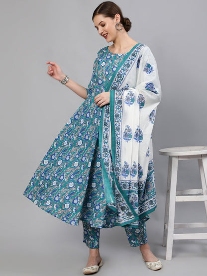 Women Blue Printed Flared Kurta With Plazo & Dupatta