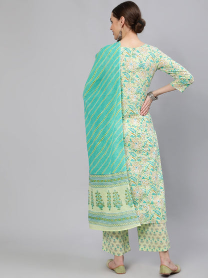 Women Green Floral Printed Straight Kurta With Plazo & Dupatta