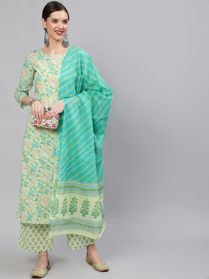 Women Green Floral Printed Straight Kurta With Plazo & Dupatta