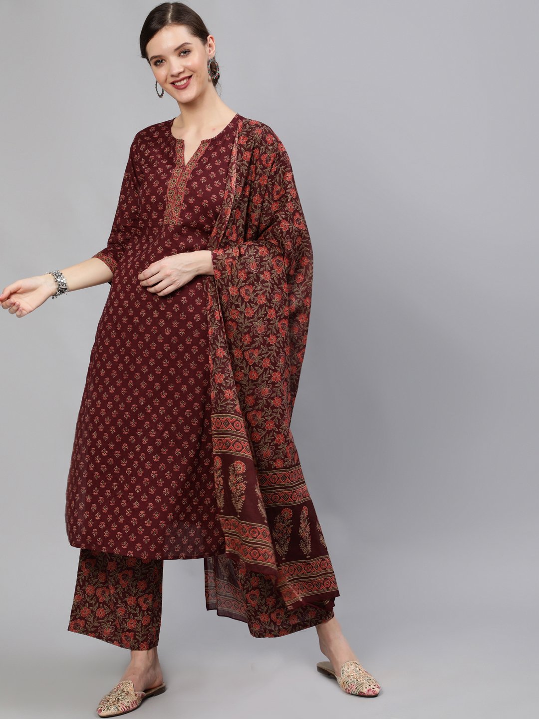 Women Wine Floral Printed Straight Kurta With Plazo & Dupatta