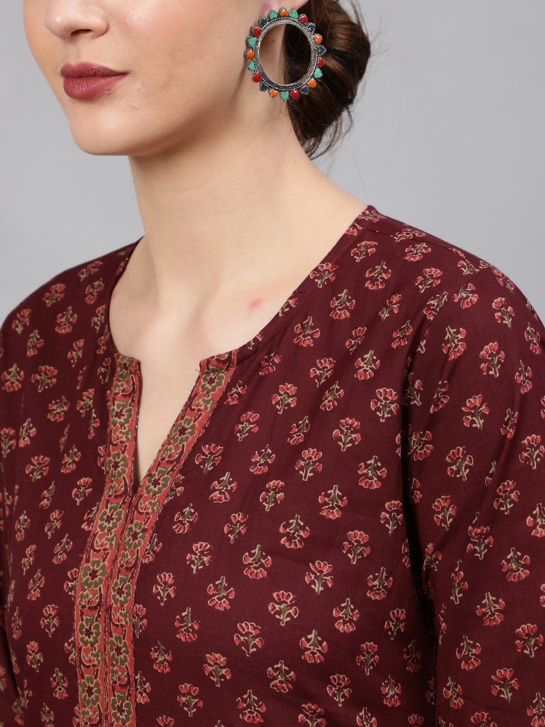 Women Wine Floral Printed Straight Kurta With Plazo & Dupatta