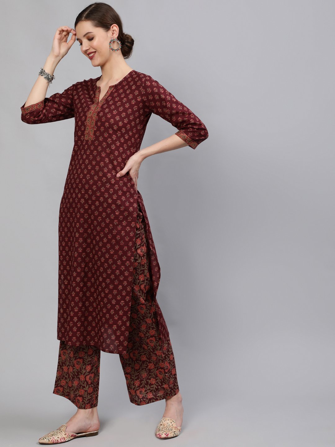 Women Wine Floral Printed Straight Kurta With Plazo & Dupatta