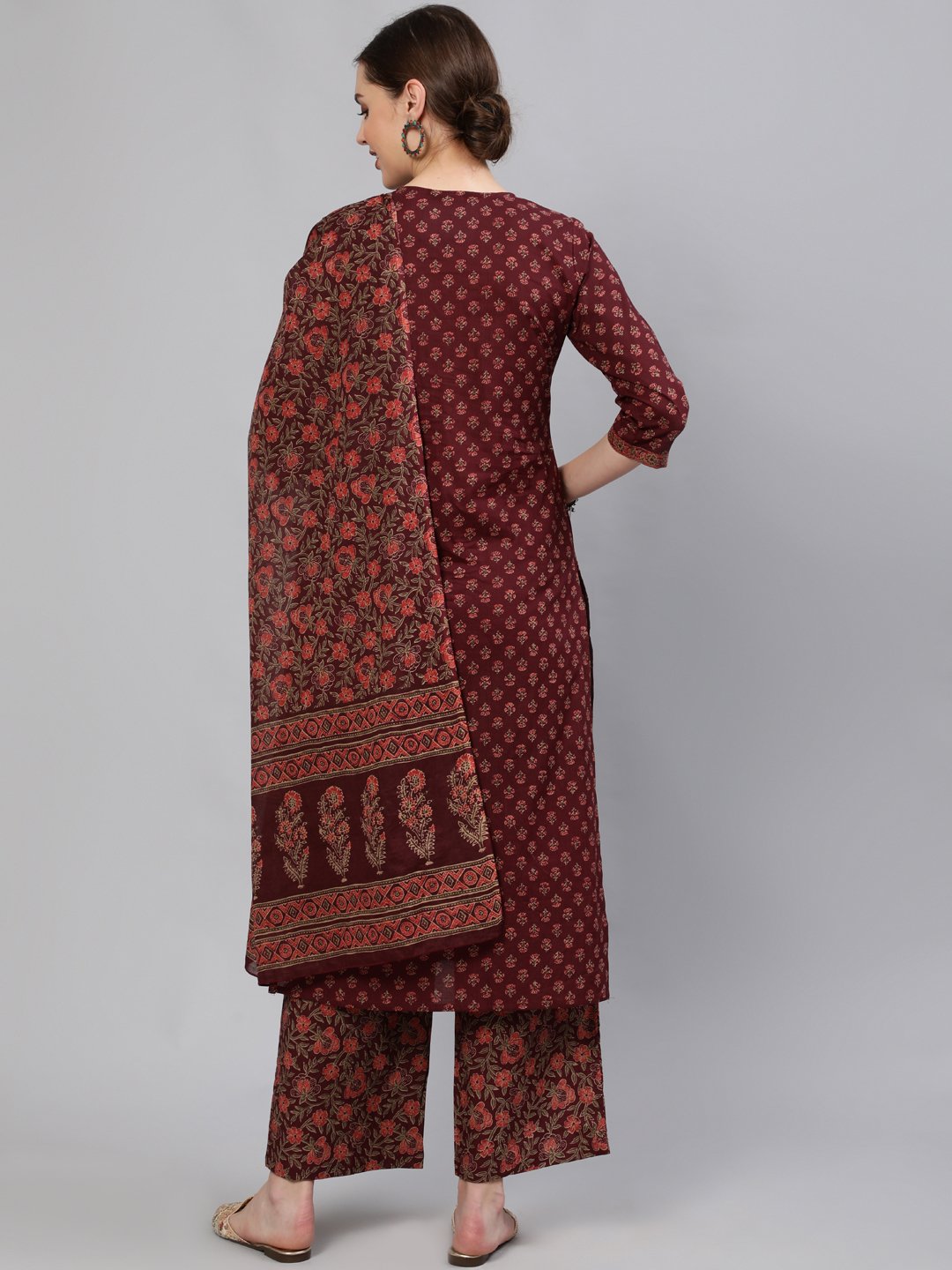 Women Wine Floral Printed Straight Kurta With Plazo & Dupatta