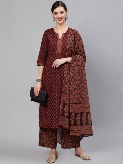 Women Wine Floral Printed Straight Kurta With Plazo & Dupatta