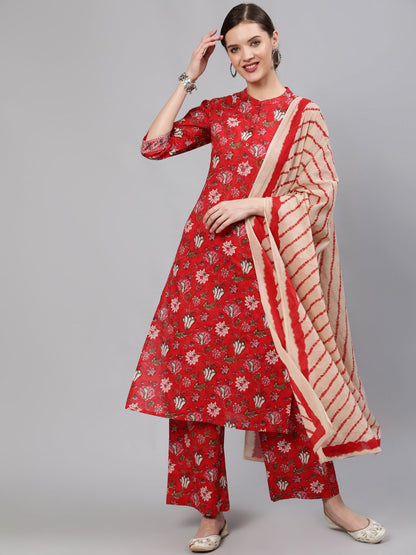 Women Red Floral Printed Straight Kurta With Plazo & Dupatta