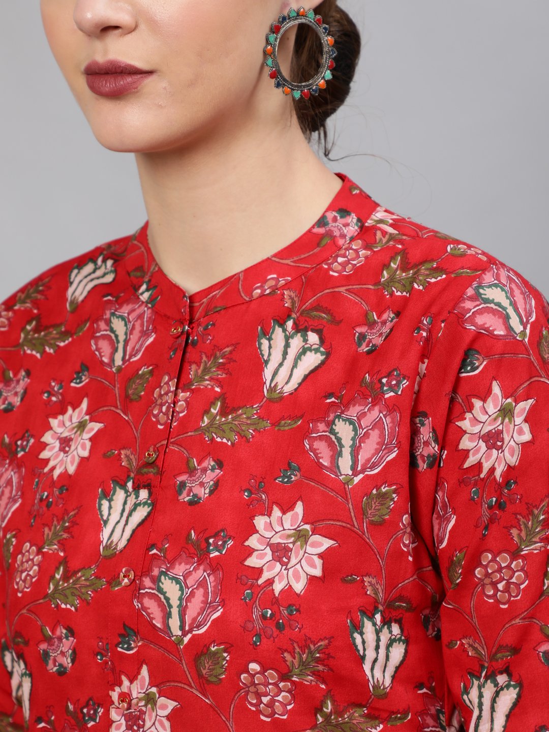 Women Red Floral Printed Straight Kurta With Plazo & Dupatta