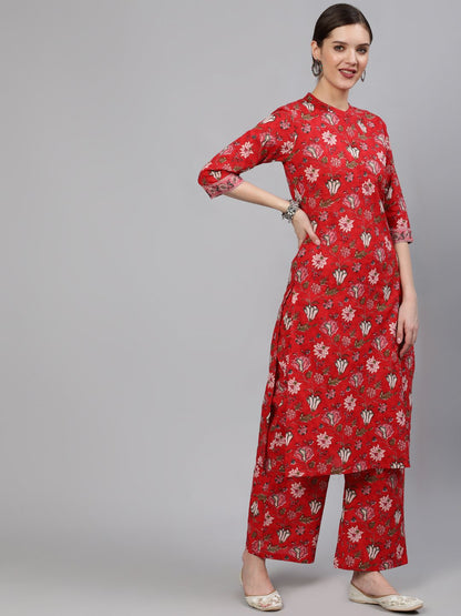 Women Red Floral Printed Straight Kurta With Plazo & Dupatta