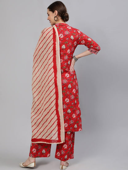 Women Red Floral Printed Straight Kurta With Plazo & Dupatta