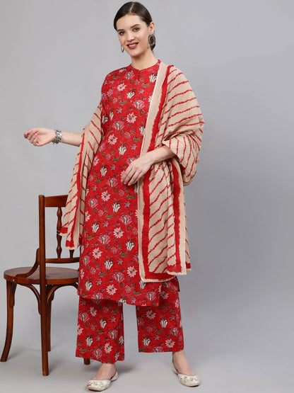 Women Red Floral Printed Straight Kurta With Plazo & Dupatta