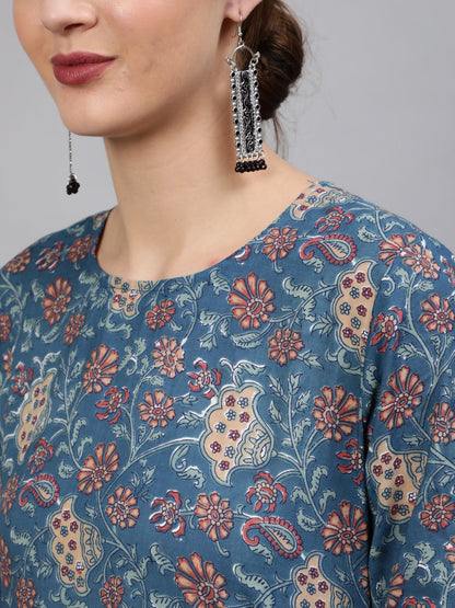 Women Blue Floral Printed Straight Kurta With Plazo & Dupatta