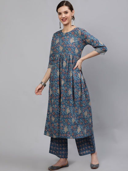 Women Blue Floral Printed Straight Kurta With Plazo & Dupatta