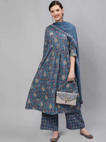 Women Blue Floral Printed Straight Kurta With Plazo & Dupatta