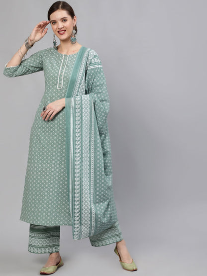 Women Green Floral Printed Straight Kurta With Plazo & Dupatta