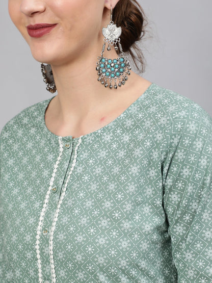 Women Green Floral Printed Straight Kurta With Plazo & Dupatta