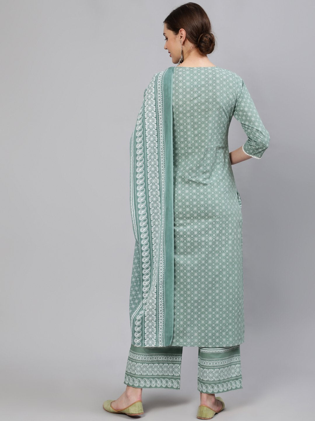 Women Green Floral Printed Straight Kurta With Plazo & Dupatta