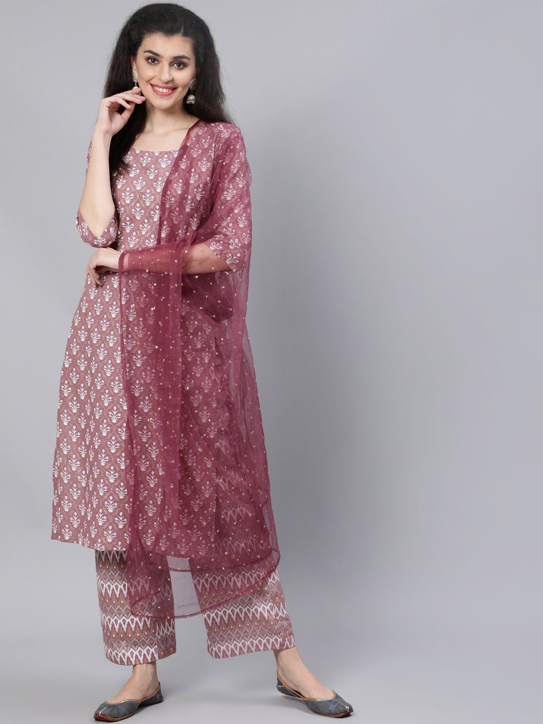 Women Pink Straight Kurta With Plazo & Sequened Dupatta