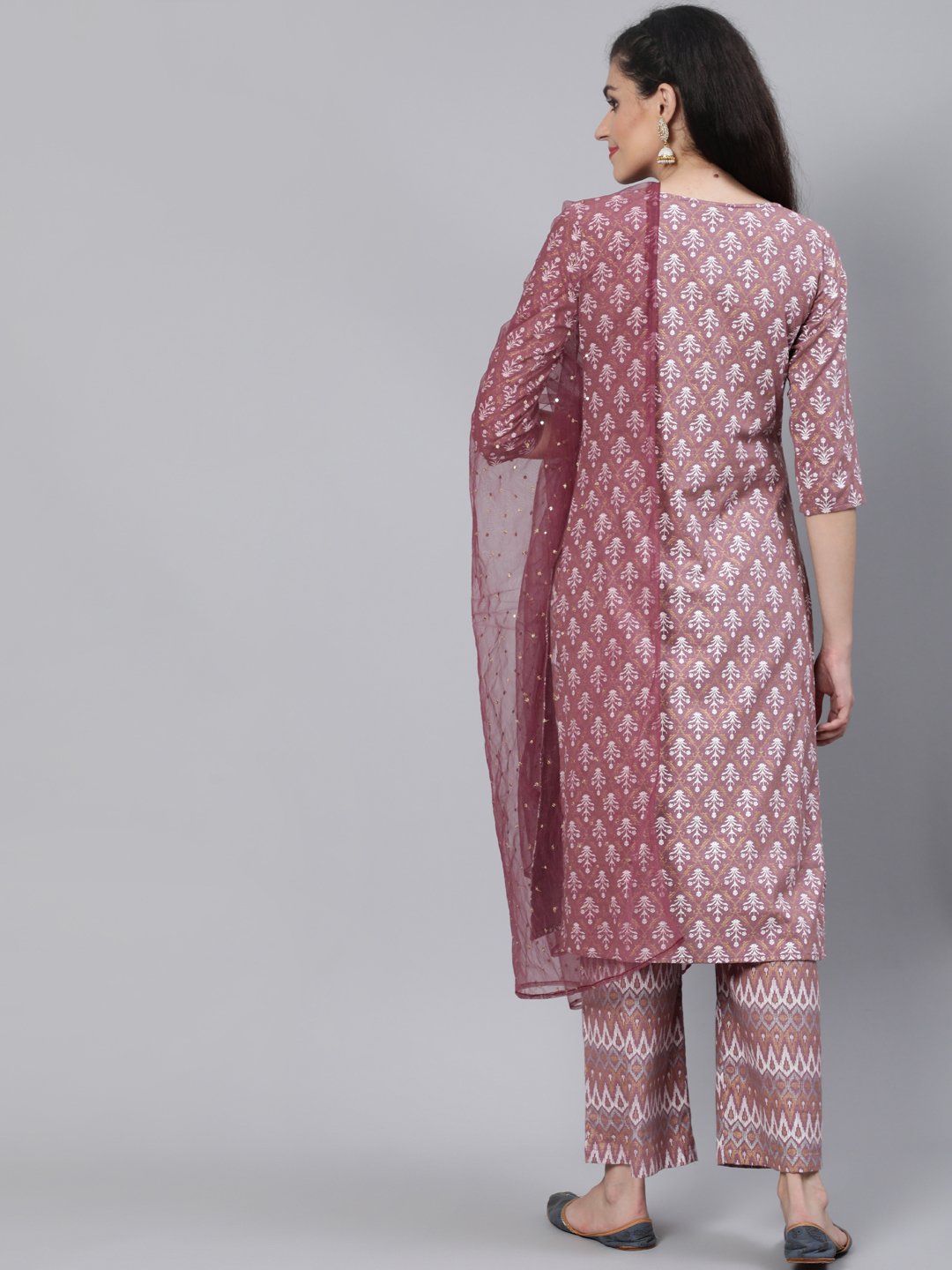 Women Pink Straight Kurta With Plazo & Sequened Dupatta