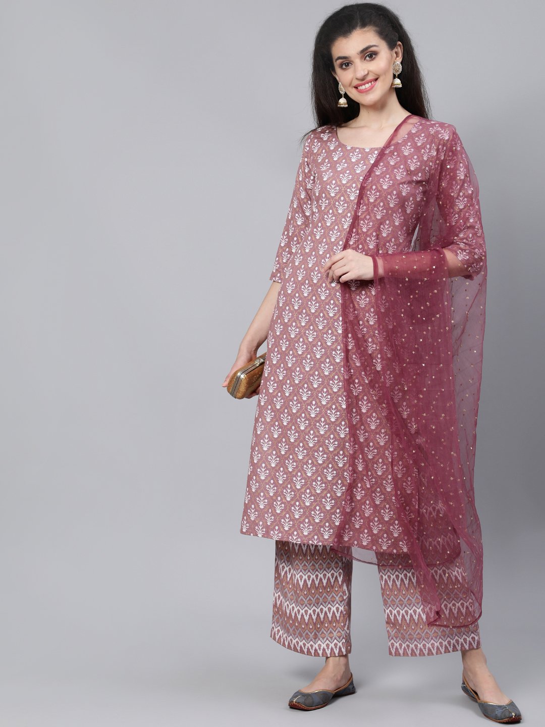 Women Pink Straight Kurta With Plazo & Sequened Dupatta