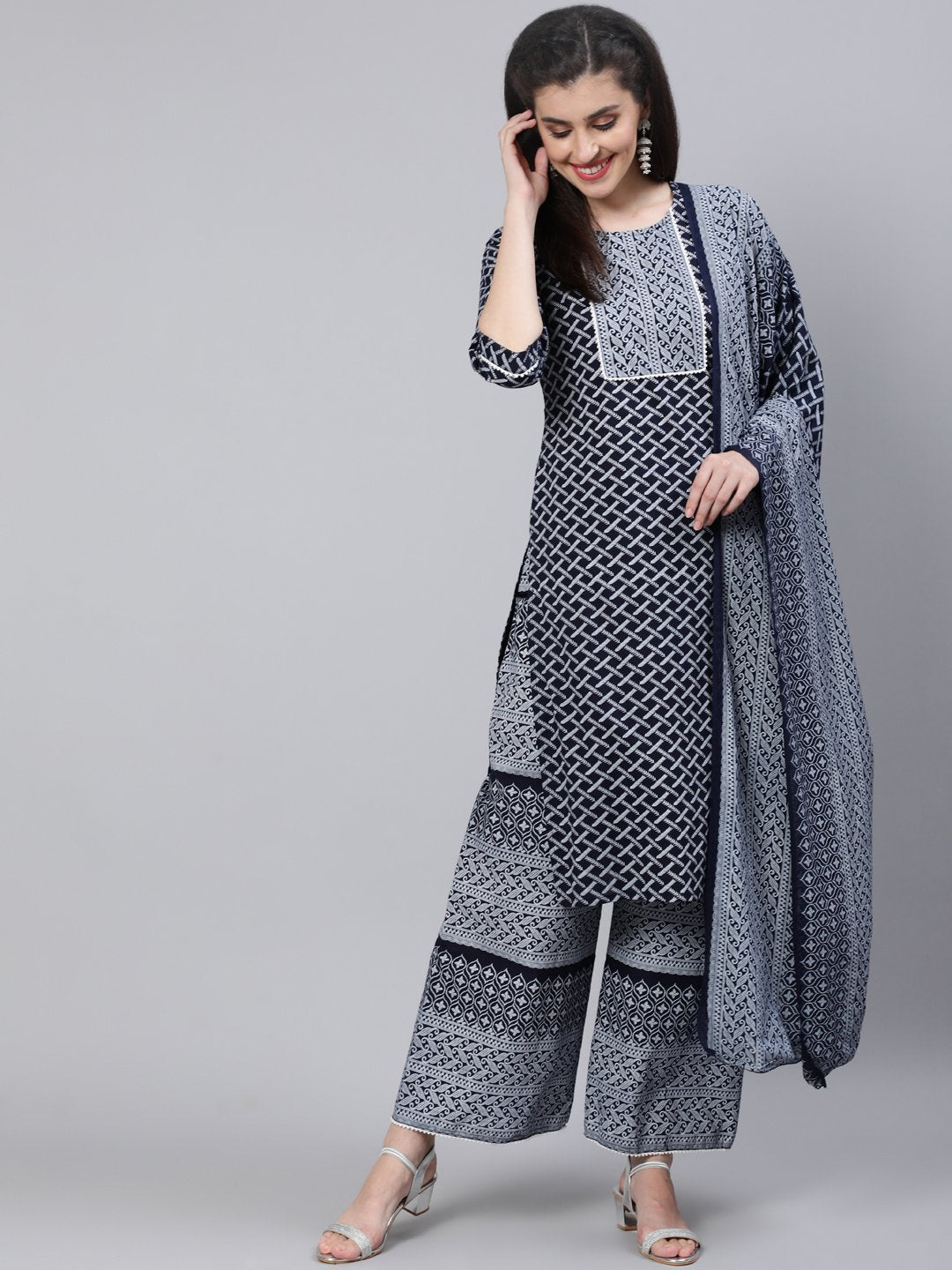 Women Black & White Printed Straight Kurta With Plazo & Dupatta