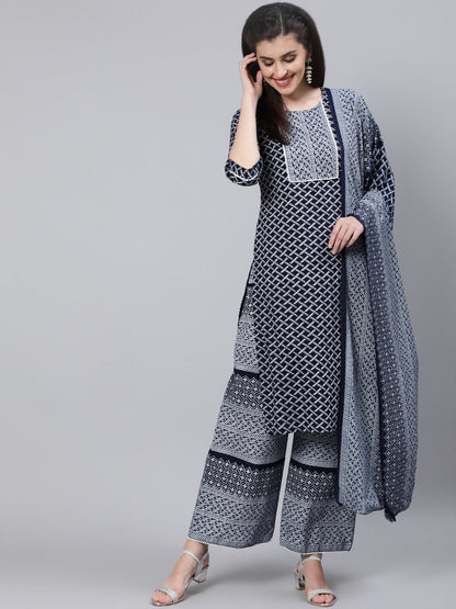 Women Black & White Printed Straight Kurta With Plazo & Dupatta