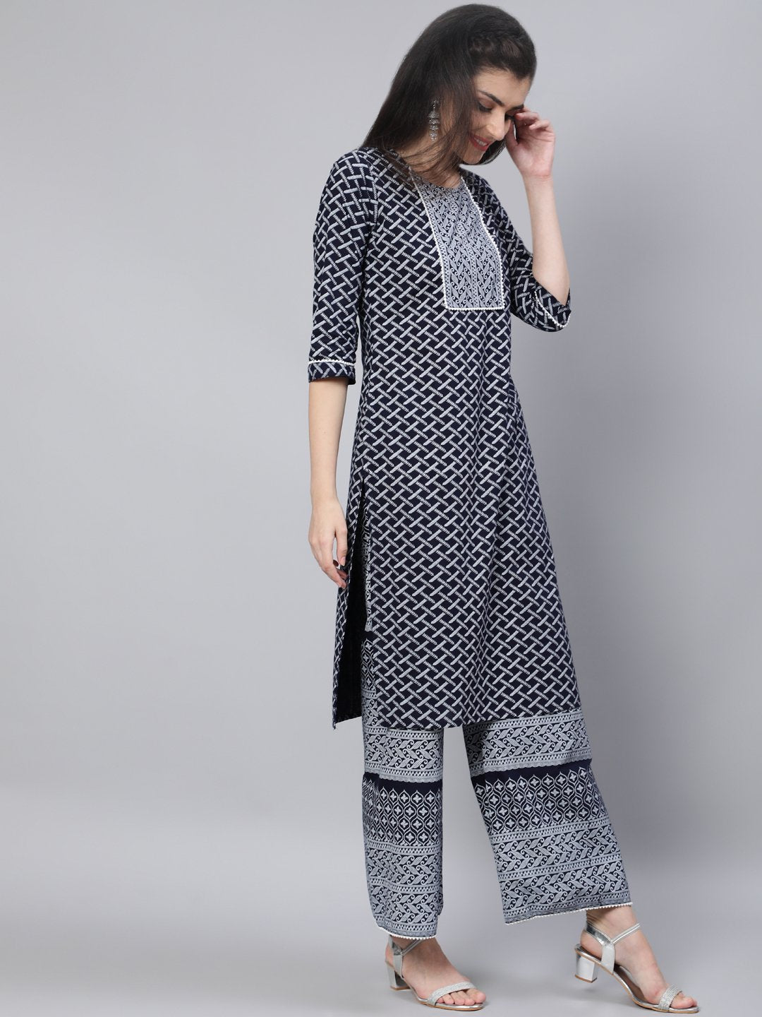 Women Black & White Printed Straight Kurta With Plazo & Dupatta