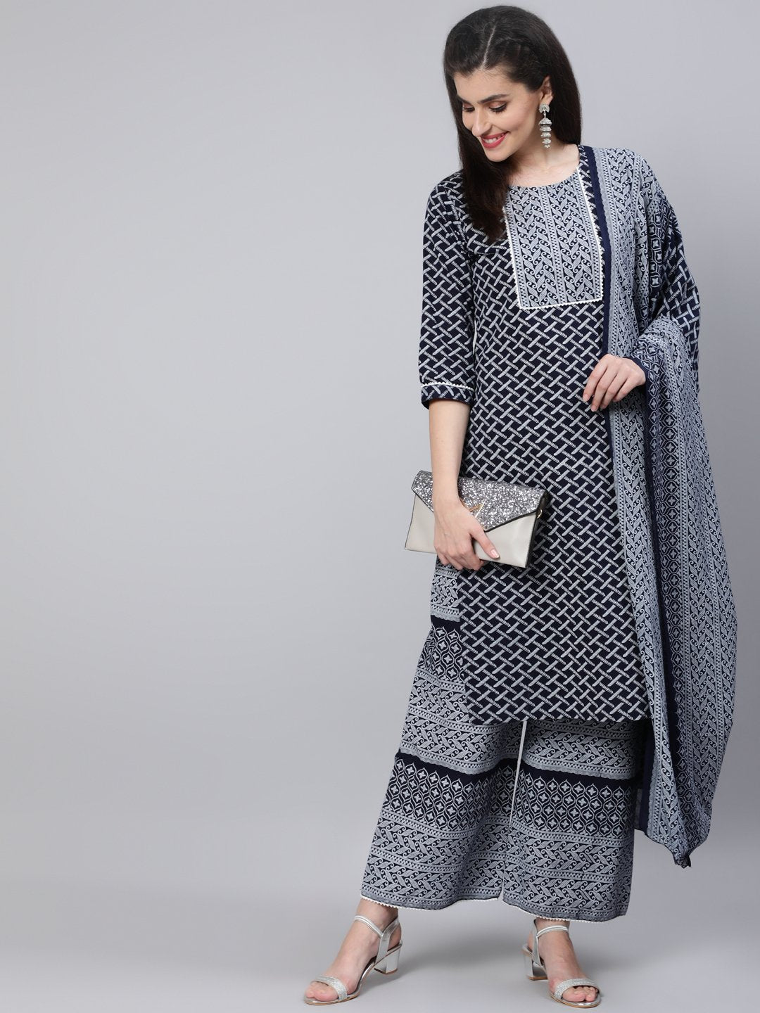 Women Black & White Printed Straight Kurta With Plazo & Dupatta