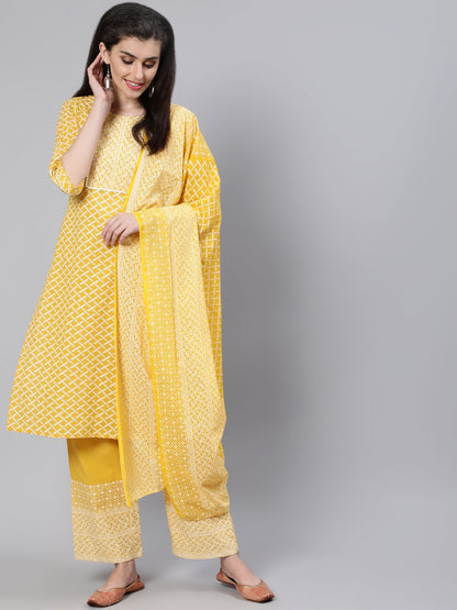 Women Yellow & White Printed Straight Kurta With Plazo & Dupatta