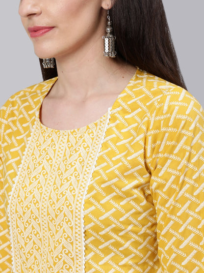 Women Yellow & White Printed Straight Kurta With Plazo & Dupatta