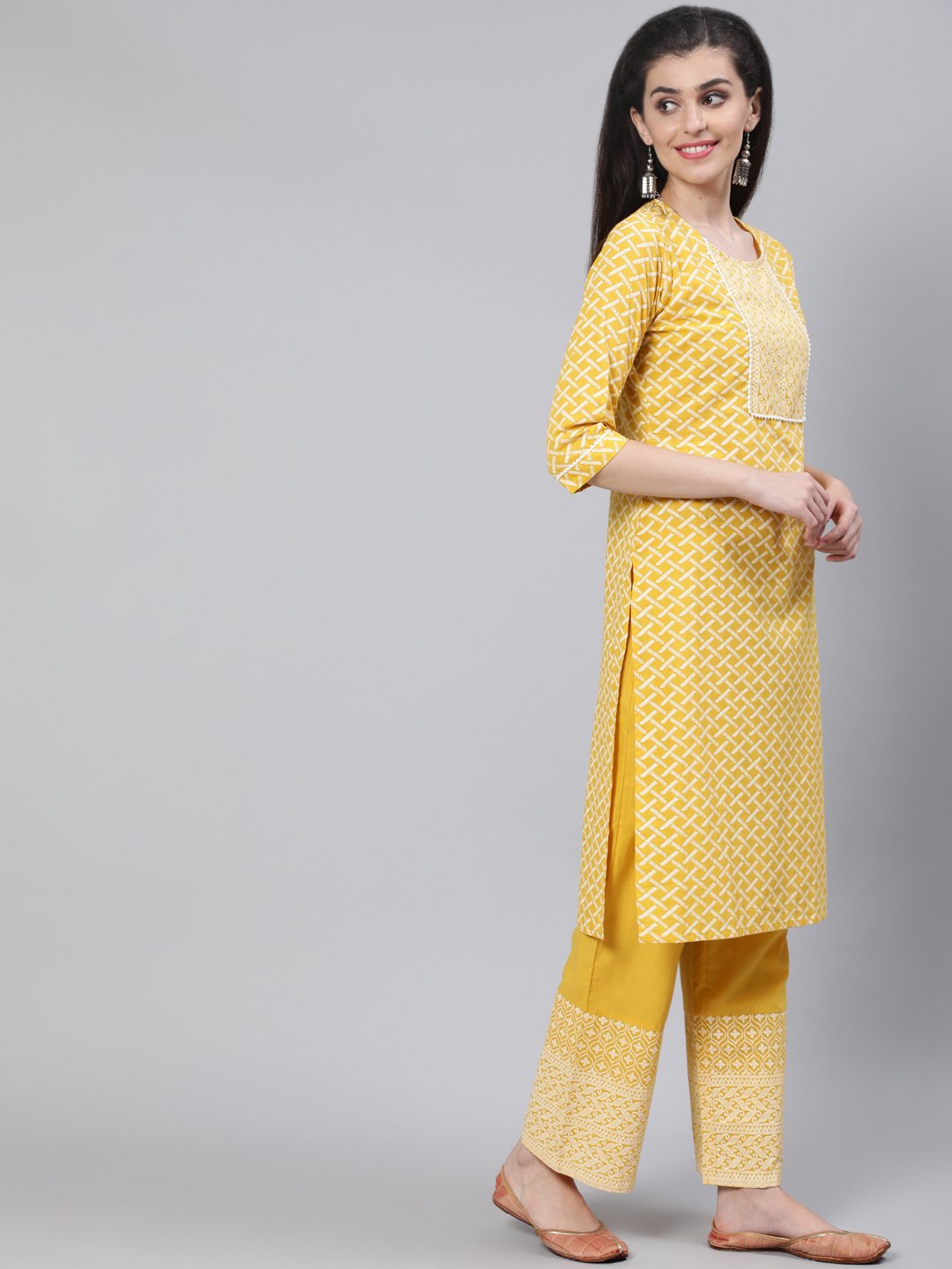 Women Yellow & White Printed Straight Kurta With Plazo & Dupatta