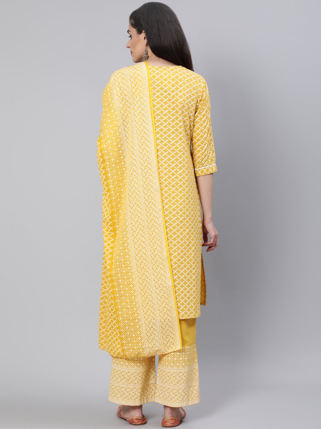 Women Yellow & White Printed Straight Kurta With Plazo & Dupatta