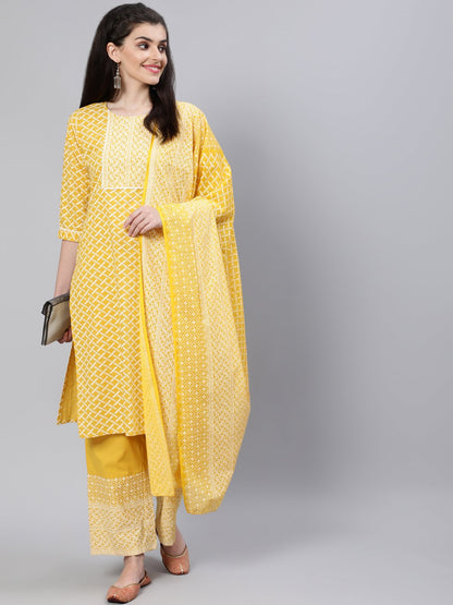 Women Yellow & White Printed Straight Kurta With Plazo & Dupatta