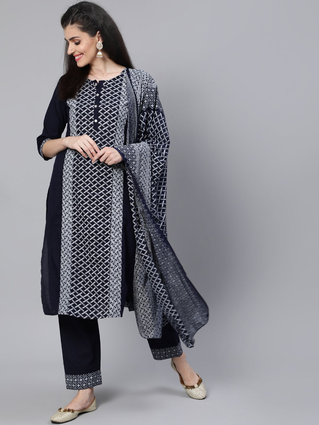 Women Black Panelled Straight Kurta With Plazo & Dupatta