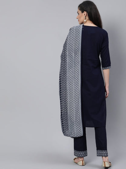 Women Black Panelled Straight Kurta With Plazo & Dupatta