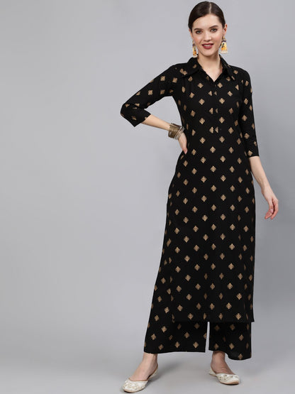 Women Black & Gold Printed Straight Kurta With Plazo