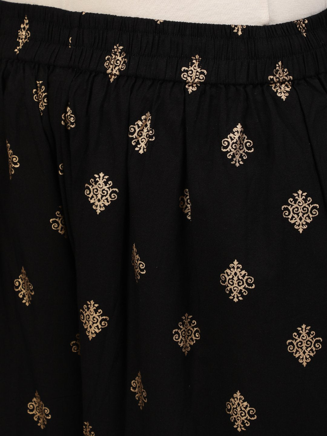 Women Black & Gold Printed Straight Kurta With Plazo