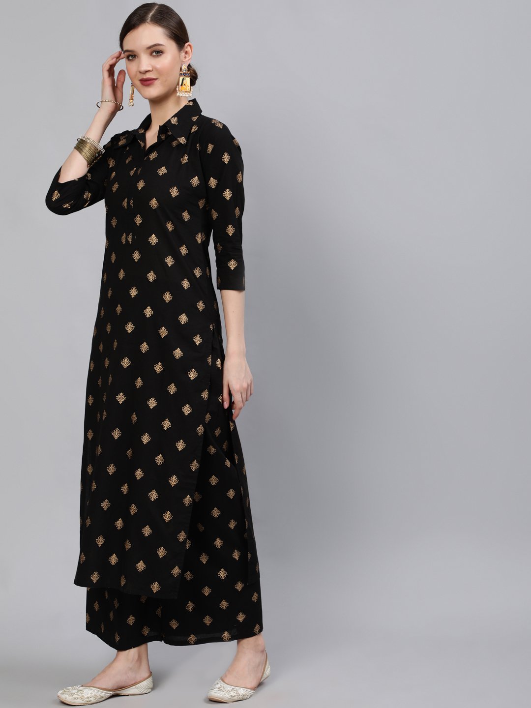 Women Black & Gold Printed Straight Kurta With Plazo