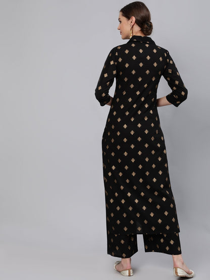 Women Black & Gold Printed Straight Kurta With Plazo