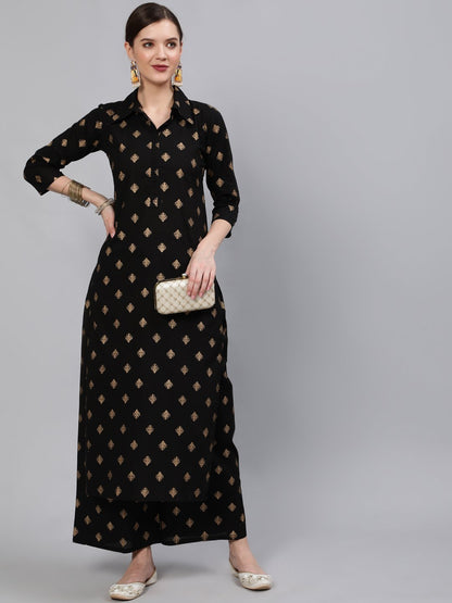 Women Black & Gold Printed Straight Kurta With Plazo