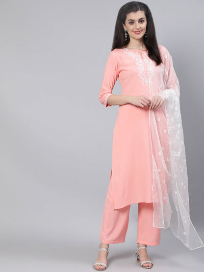 Women Pink Straight Kurta With Plazo & Organza Embroidered Dupatta