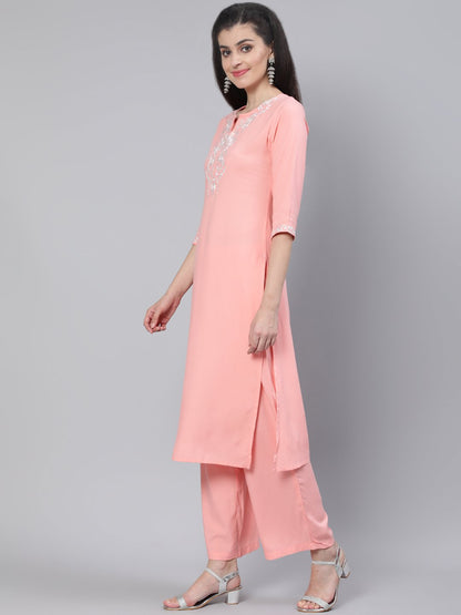 Women Pink Straight Kurta With Plazo & Organza Embroidered Dupatta