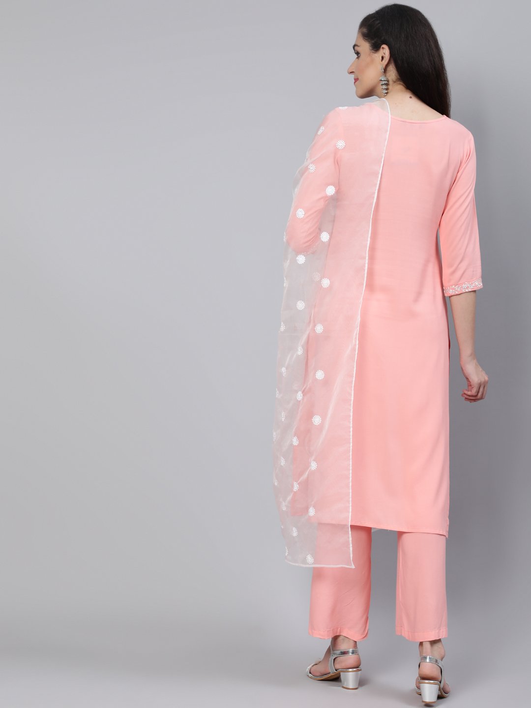 Women Pink Straight Kurta With Plazo & Organza Embroidered Dupatta