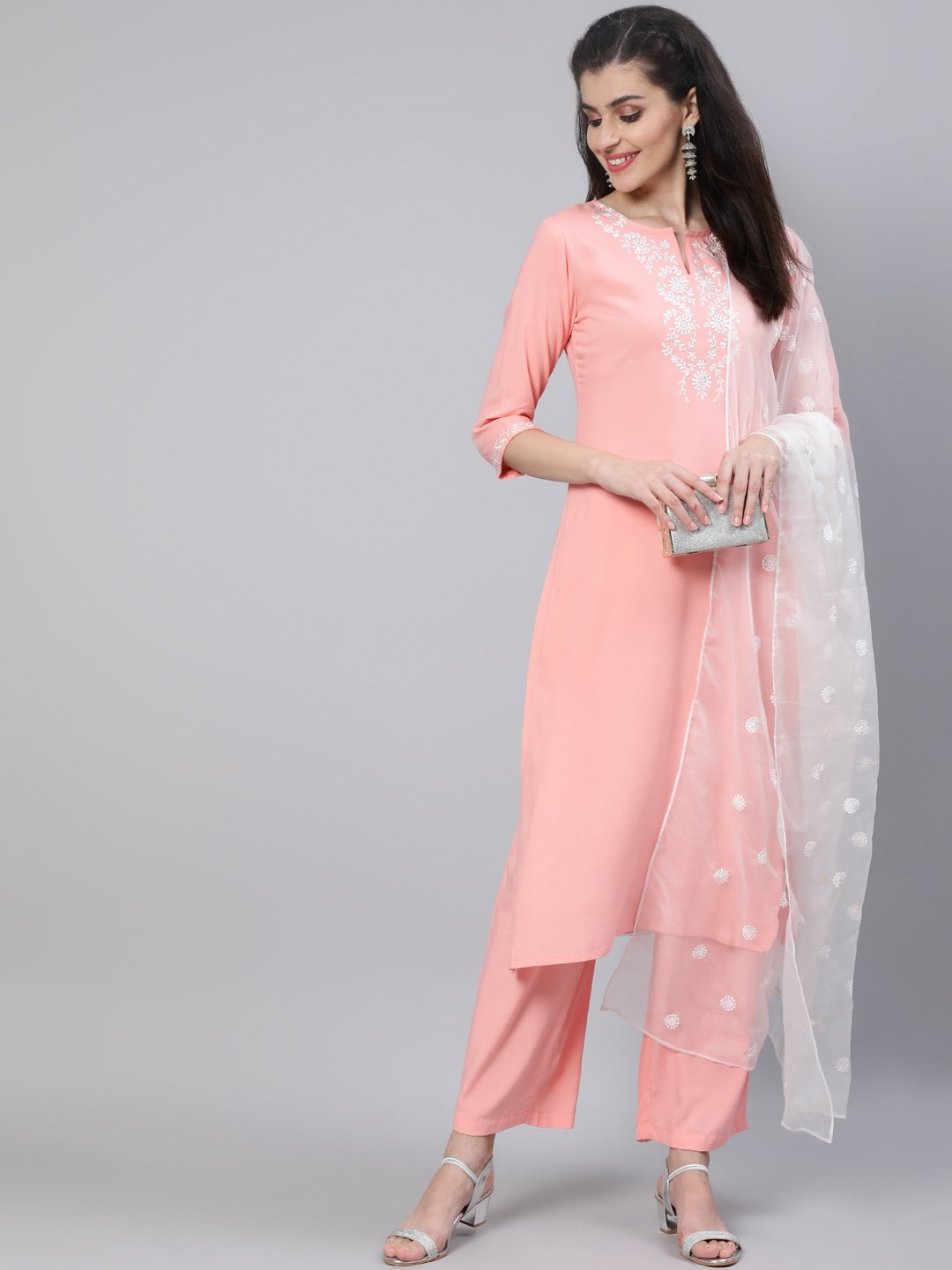 Women Pink Straight Kurta With Plazo & Organza Embroidered Dupatta