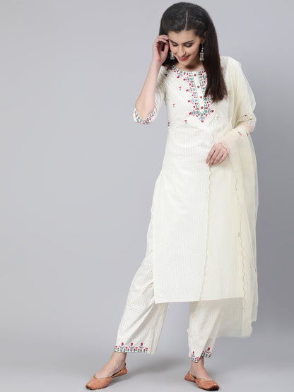 Women Cream Embroidered Straight Kurta With Plazo & Dupatta