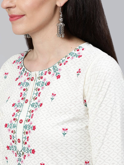 Women Cream Embroidered Straight Kurta With Plazo & Dupatta