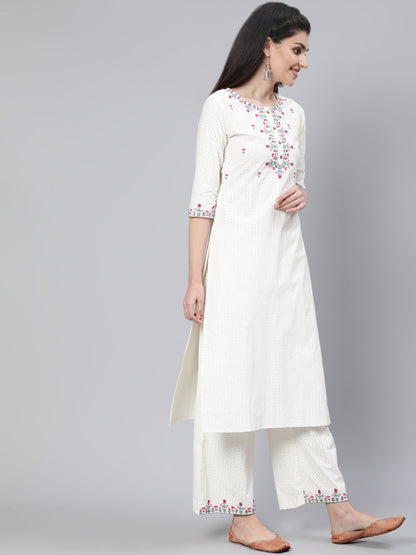 Women Cream Embroidered Straight Kurta With Plazo & Dupatta