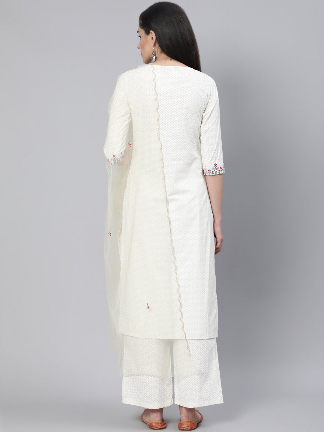 Women Cream Embroidered Straight Kurta With Plazo & Dupatta